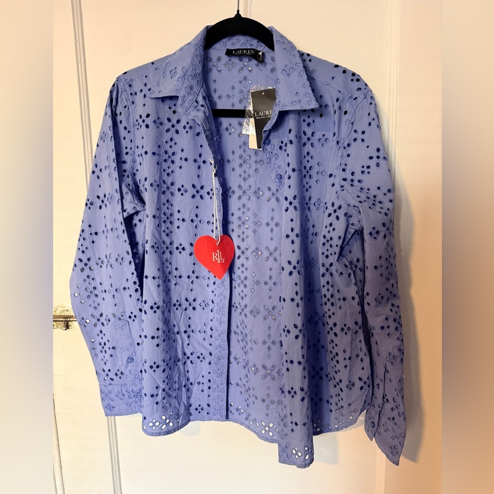 Ralph Lauren Blue Eyelet Women's button down dress shirt. Size is Petite large.